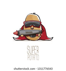 vector funny cartoon cute brown super hero potato with mask, red hero cape and gun isolated on white background. My name is potato vector concept. super funky vegetable food character 