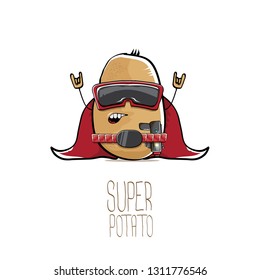 vector funny cartoon cute brown super hero potato with mask, red hero cape and gun isolated on white background. My name is potato vector concept. super funky vegetable food character 