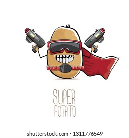 caricatura vectorial linda super héroe marrón con máscara, capa de héroe rojo y arma aislada en fondo blanco. Mi nombre es concepto de vector de patata. personaje de comida vegetal súper fundido 