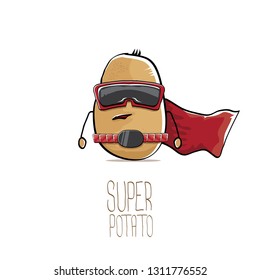 vector funny cartoon cute brown super hero potato with mask, red hero cape and gun isolated on white background. My name is potato vector concept. super funky vegetable food character 