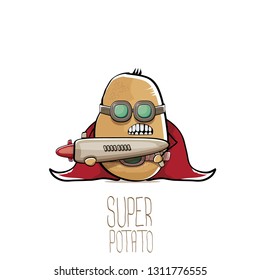 vector funny cartoon cute brown super hero potato with mask, red hero cape and gun isolated on white background. My name is potato vector concept. super funky vegetable food character 