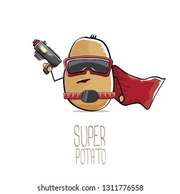 vector funny cartoon cute brown super hero potato with mask, red hero cape and gun isolated on white background. My name is potato vector concept. super funky vegetable food character 