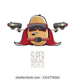 vector funny cartoon cute brown super hero potato with mask, red hero cape and gun isolated on white background. My name is potato vector concept. super funky vegetable food character 