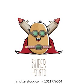 vector funny cartoon cute brown super hero potato with mask, red hero cape and gun isolated on white background. My name is potato vector concept. super funky vegetable food character 