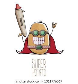 vector funny cartoon cute brown super hero potato with mask, red hero cape and gun isolated on white background. My name is potato vector concept. super funky vegetable food character 