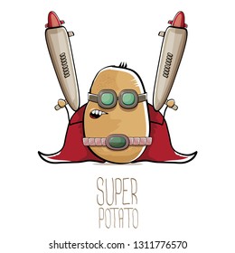vector funny cartoon cute brown super hero potato with mask, red hero cape and gun isolated on white background. My name is potato vector concept. super funky vegetable food character 