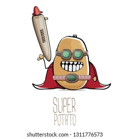 vector funny cartoon cute brown super hero potato with mask, red hero cape and gun isolated on white background. My name is potato vector concept. super funky vegetable food character 