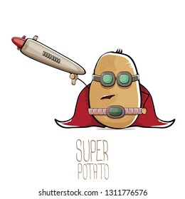 vector funny cartoon cute brown super hero potato with mask, red hero cape and gun isolated on white background. My name is potato vector concept. super funky vegetable food character 