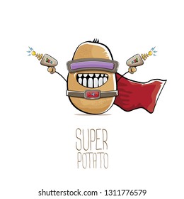 vector funny cartoon cute brown super hero potato with mask, red hero cape and gun isolated on white background. My name is potato vector concept. super funky vegetable food character 