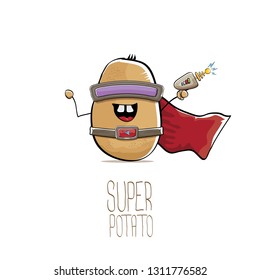 caricatura vectorial linda super héroe marrón con máscara, capa de héroe rojo y arma aislada en fondo blanco. Mi nombre es concepto de vector de patata. personaje de comida vegetal súper fundido 