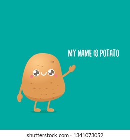 vector funny cartoon cute brown smiling tiny potato isolated on azure background. My name is potato vector concept illustration. vegetable funky character