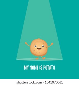 vector funny cartoon cute brown smiling tiny potato isolated on azure background. My name is potato vector concept illustration. vegetable funky character