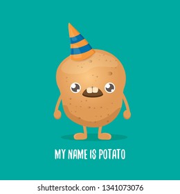 vector funny cartoon cute brown smiling tiny potato isolated on azure background. My name is potato vector concept illustration. vegetable funky character