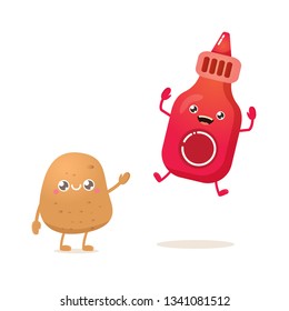 vector funny cartoon cute brown smiling tiny potato character with ketchup bottle  isolated on white background. vegetable funky character. Best friend or friendship concept