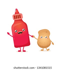 vector funny cartoon cute brown smiling tiny potato character with ketchup bottle  isolated on white background. vegetable funky character. Best friend or friendship concept