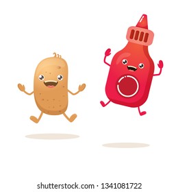 vector funny cartoon cute brown smiling tiny potato character with ketchup bottle  isolated on white background. vegetable funky character. Best friend or friendship concept