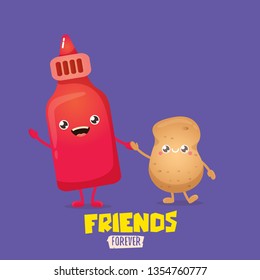 vector funny cartoon cute brown smiling tiny potato character with ketchup bottle isolated on violet background. vegetable funky character. Best friend or friendship concept 