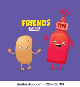 vector funny cartoon cute brown smiling tiny potato character with ketchup bottle isolated on violet background. vegetable funky character. Best friend or friendship concept 