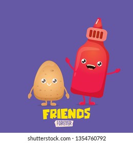 vector funny cartoon cute brown smiling tiny potato character with ketchup bottle isolated on violet background. vegetable funky character. Best friend or friendship concept 