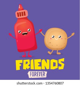 vector funny cartoon cute brown smiling tiny potato character with ketchup bottle isolated on violet background. vegetable funky character. Best friend or friendship concept 