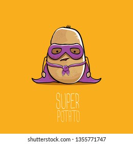 vector funny cartoon cute brown super hero potato with violet hero cape and mask isolated on orange background. My name is potato vector concept. super funky vegetable food character