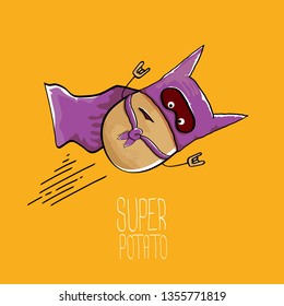 vector funny cartoon cute brown super hero potato with violet hero cape and mask isolated on orange background. My name is potato vector concept. super funky vegetable food character