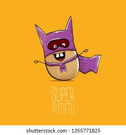 vector funny cartoon cute brown super hero potato with violet hero cape and mask isolated on orange background. My name is potato vector concept. super funky vegetable food character