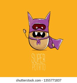 vector funny cartoon cute brown super hero potato with violet hero cape and mask isolated on orange background. My name is potato vector concept. super funky vegetable food character