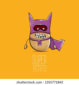 vector funny cartoon cute brown super hero potato with violet hero cape and mask isolated on orange background. My name is potato vector concept. super funky vegetable food character