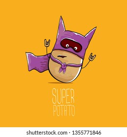 vector funny cartoon cute brown super hero potato with violet hero cape and mask isolated on orange background. My name is potato vector concept. super funky vegetable food character