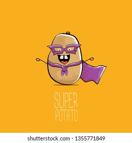 vector funny cartoon cute brown super hero potato with violet hero cape and mask isolated on orange background. My name is potato vector concept. super funky vegetable food character