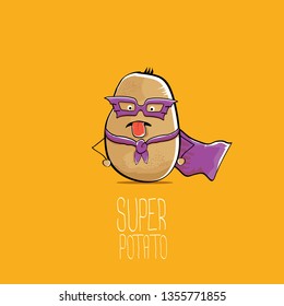 vector funny cartoon cute brown super hero potato with violet hero cape and mask isolated on orange background. My name is potato vector concept. super funky vegetable food character