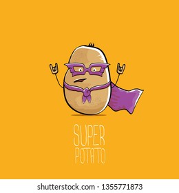 vector funny cartoon cute brown super hero potato with violet hero cape and mask isolated on orange background. My name is potato vector concept. super funky vegetable food character