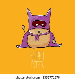 vector funny cartoon cute brown super hero potato with violet hero cape and mask isolated on orange background. My name is potato vector concept. super funky vegetable food character