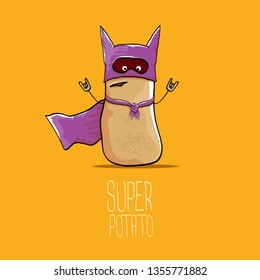 vector funny cartoon cute brown super hero potato with violet hero cape and mask isolated on orange background. My name is potato vector concept. super funky vegetable food character