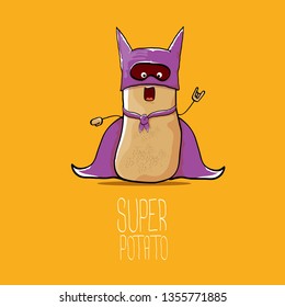 vector funny cartoon cute brown super hero potato with violet hero cape and mask isolated on orange background. My name is potato vector concept. super funky vegetable food character