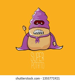vector funny cartoon cute brown super hero potato with violet hero cape and mask isolated on orange background. My name is potato vector concept. super funky vegetable food character