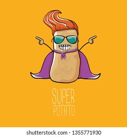 vector funny cartoon cute brown super hero potato with violet hero cape and mask isolated on orange background. My name is potato vector concept. super funky vegetable food character