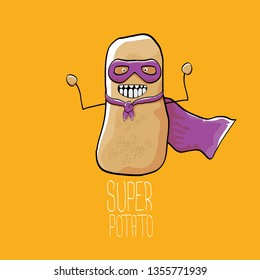 vector funny cartoon cute brown super hero potato with violet hero cape and mask isolated on orange background. My name is potato vector concept. super funky vegetable food character