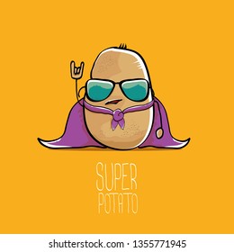 vector funny cartoon cute brown super hero potato with violet hero cape and mask isolated on orange background. My name is potato vector concept. super funky vegetable food character