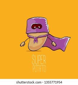 vector funny cartoon cute brown super hero potato with violet hero cape and mask isolated on orange background. My name is potato vector concept. super funky vegetable food character