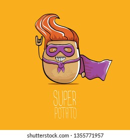 vector funny cartoon cute brown super hero potato with violet hero cape and mask isolated on orange background. My name is potato vector concept. super funky vegetable food character