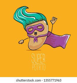 vector funny cartoon cute brown super hero potato with violet hero cape and mask isolated on orange background. My name is potato vector concept. super funky vegetable food character