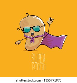 vector funny cartoon cute brown super hero potato with violet hero cape and mask isolated on orange background. My name is potato vector concept. super funky vegetable food character