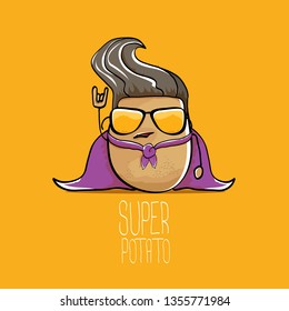 vector funny cartoon cute brown super hero potato with violet hero cape and mask isolated on orange background. My name is potato vector concept. super funky vegetable food character