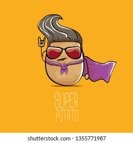 vector funny cartoon cute brown super hero potato with violet hero cape and mask isolated on orange background. My name is potato vector concept. super funky vegetable food character