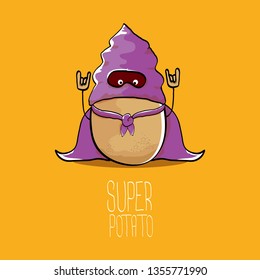 vector funny cartoon cute brown super hero potato with violet hero cape and mask isolated on orange background. My name is potato vector concept. super funky vegetable food character