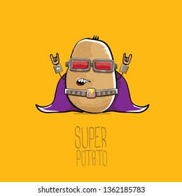 vector funny cartoon cute brown super hero potato with mask, violet hero cape and gun isolated on orange background. My name is potato vector concept. super funky vegetable food character