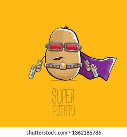 vector funny cartoon cute brown super hero potato with mask, violet hero cape and gun isolated on orange background. My name is potato vector concept. super funky vegetable food character