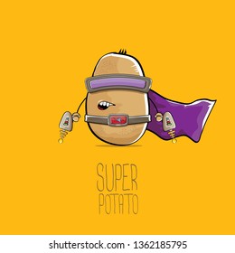 vector funny cartoon cute brown super hero potato with mask, violet hero cape and gun isolated on orange background. My name is potato vector concept. super funky vegetable food character